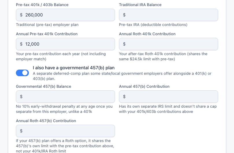 ThunderHarbor Edit Profile Your Money step showing the governmental 457(b) toggle turned on, with hint text stating no 10% early-withdrawal penalty at any age and a separate IRS contribution limit from a 401k/403b